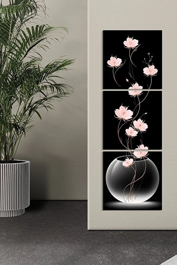 Uzun Saplı Pembe Lotus Çiçekleri 3 Parça Mdf Tablo